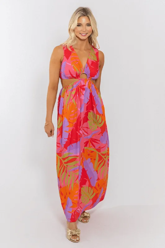 Tropical Vneck Cut-Out Maxi Dress Casual Maxi Dress with Pockets
