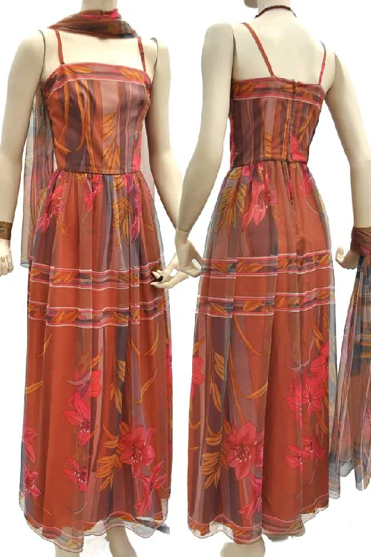 1960s Vintage Marian Russell Chiffon Evening Gown • XS • Psychedelic • Maxi Dress Fashionable Off-Shoulder Maxi Dress