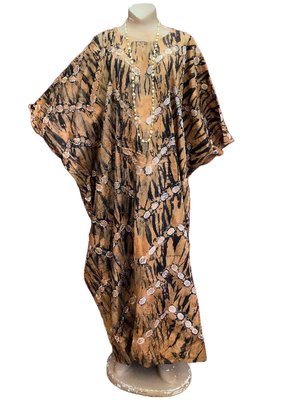 Vintage African Batik Print Brown Kaftan Maxi Dress Trendy Fit-and-Flare Maxi Dress
