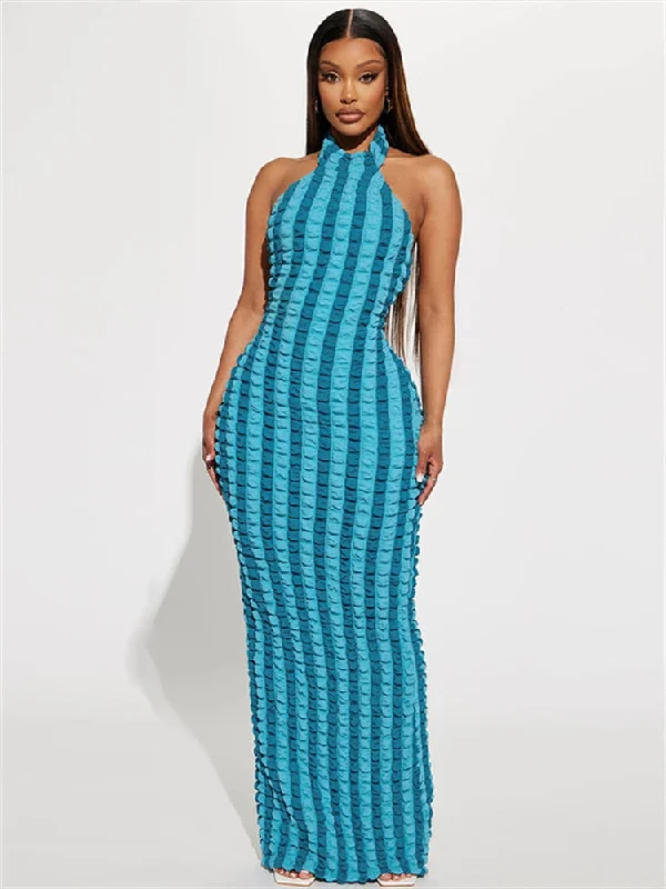 Striped Print Patchwork Sexy Bodycon Maxi Dress Halter Sleeveless Backless Summer Women Vacation Nightclub Y2K Clothes Comfortable Bohemian Maxi Dress