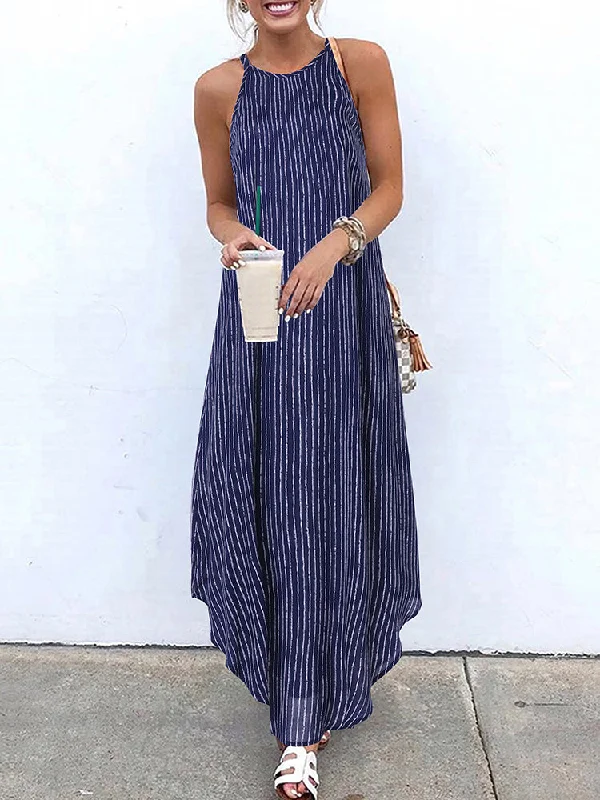 Women Casual Striped Strappy High Low Long Maxi Dress Fashionable Faux Wrap Maxi Dress