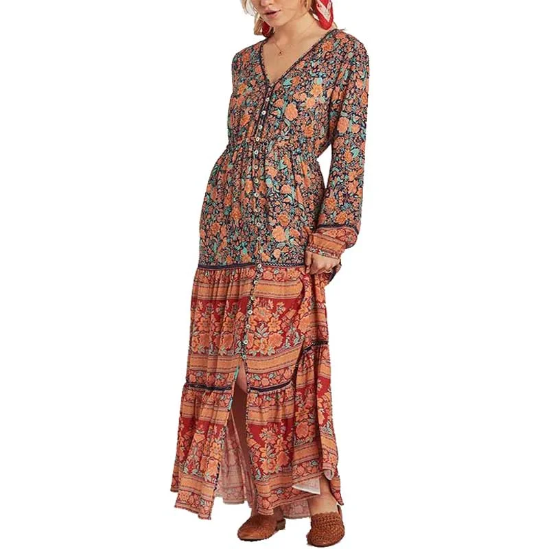 Women Cottagecore Dress Long Boho Floral Print Spliced Maxi Dresses Women Casual  2023 Spring Summer Dress Long Sleeve vestidos Fashionable High-Low Maxi Dress