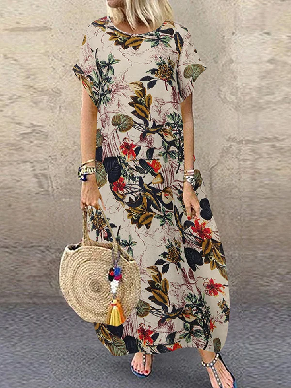 Women Cotton Crew Neck Loose Baggy Print Maxi Dress Elegant Wraparound Maxi Dress