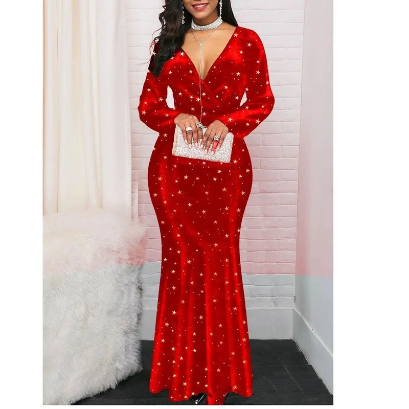Women Maxi Dress Bodycon Evening Party Oversized Dresses Women Clothing Long Sleeve Elegant Long Dresses Printed Vestidos Mujer Comfortable Maxi Dress with Sleeves