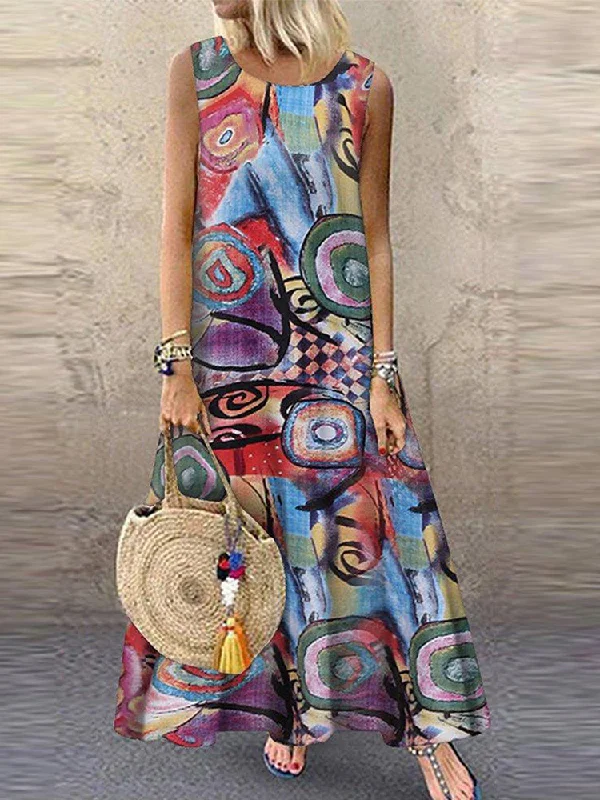Women Retro O-neck Floral Print Sleeveless Maxi Dress Fashionable Maxi Dress with Fringe