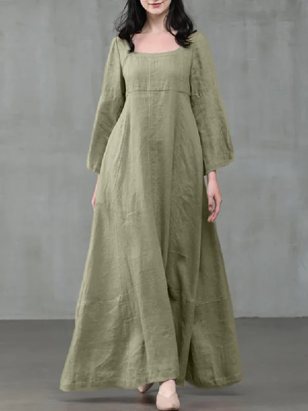 Women Solid Color Square Neck Ruffles Sleeve Zipper Loose Casual Maxi Dress Trendy Short Sleeve Maxi Dress