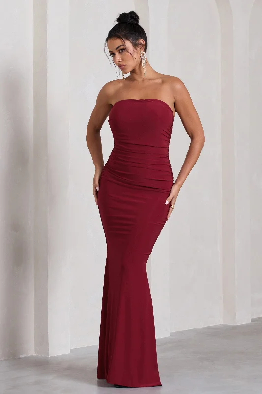 Wren | Berry Ruched Bandeau Maxi Dress Comfortable Long-Sleeve Maxi Dress