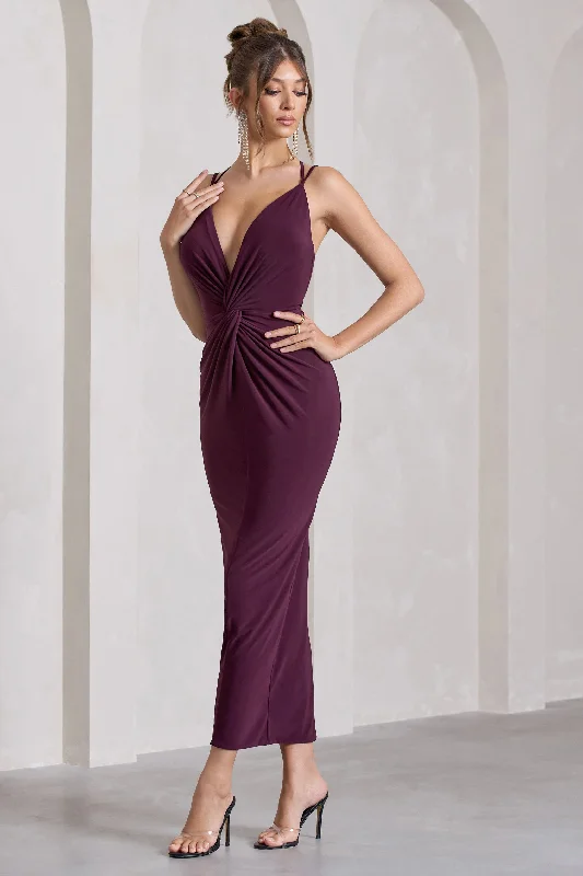 Yvette | Plum Plunge-Neck Twisted Maxi Dress With Cross-Back Trendy Maxi Dress with Belt Yvette | Plum Plunge-Neck Twisted Maxi Dress With Cross-Back Trendy Maxi Dress with Belt