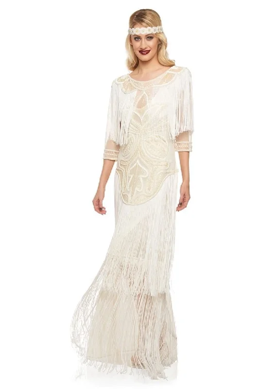 1920s Inspired Evening Maxi Dress in Cream Elegant Maxi Dress with Belt