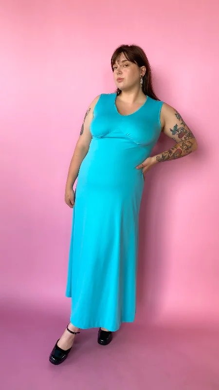 1970s Turquoise Maxi Dress, sz. L-2XL Elegant Maxi Dress with Pockets