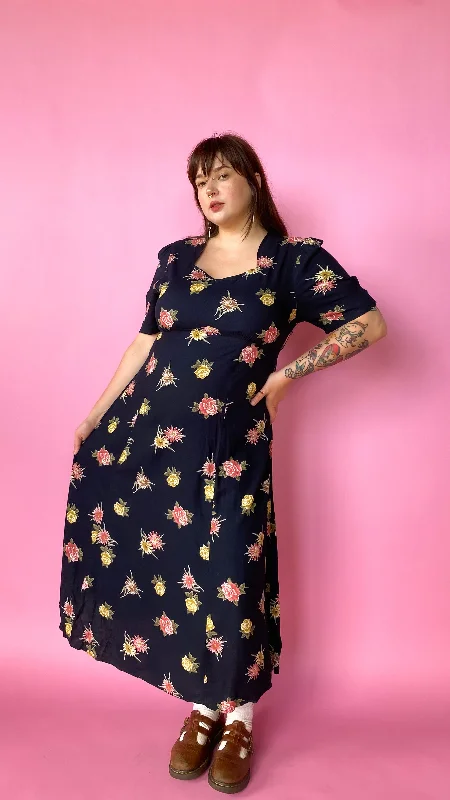 1990s does 1940s Black Floral Maxi Dress, sz. 1XL Cozy Cold-Shoulder Maxi Dress