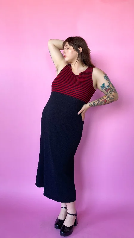 1990s Black & Red Striped Maxi Dress, sz. XL-3XL Elegant Lace-Up Maxi Dress