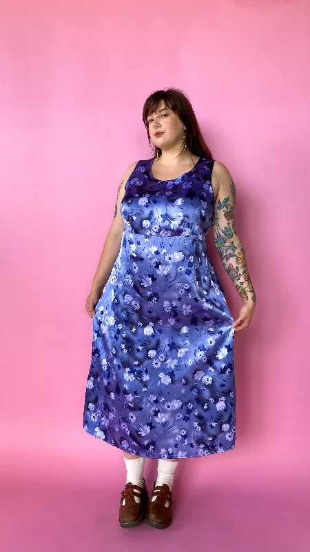 1990s Blue Floral Satin Maxi Dress, sz. 2XL Elegant Tiered Maxi Dress