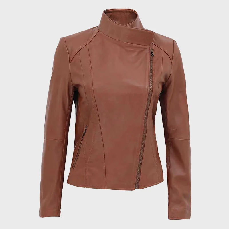 Women Tan Asymmetrical Biker Leather Jacket Chenille Jacket Brocade Jacket Lace Jacket