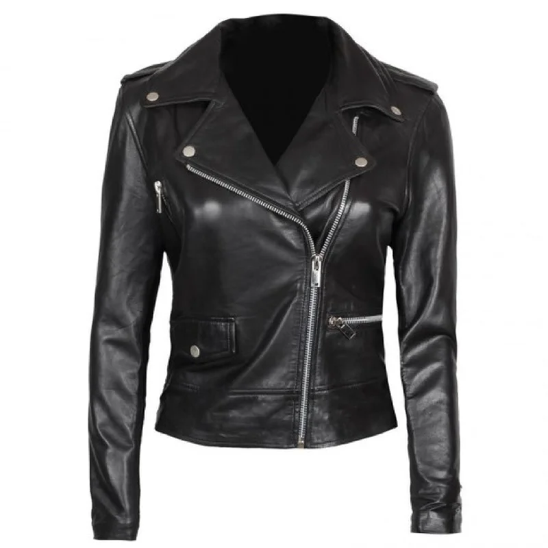 Asymmetrical Black Biker Jacket Women Herringbone Jacket Houndstooth Jacket Plaid Jacket
