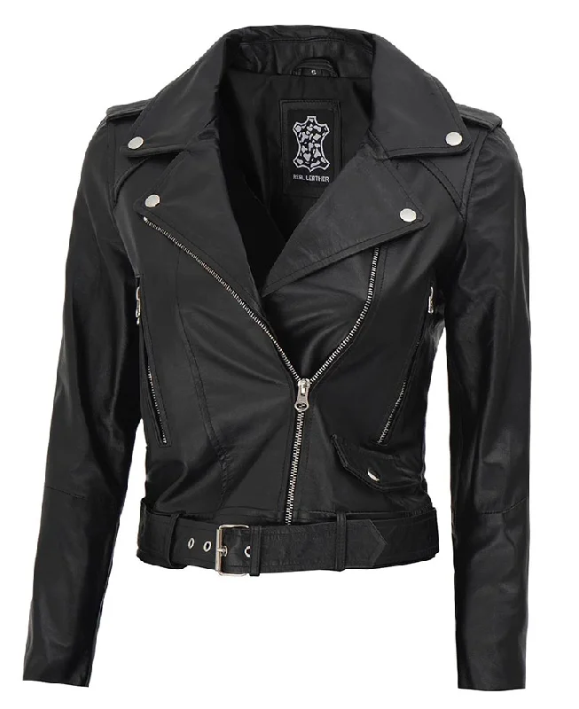 Asymmetrical Black Cropped Leather Jacket Womens Herringbone Jacket Houndstooth Jacket Plaid Jacket