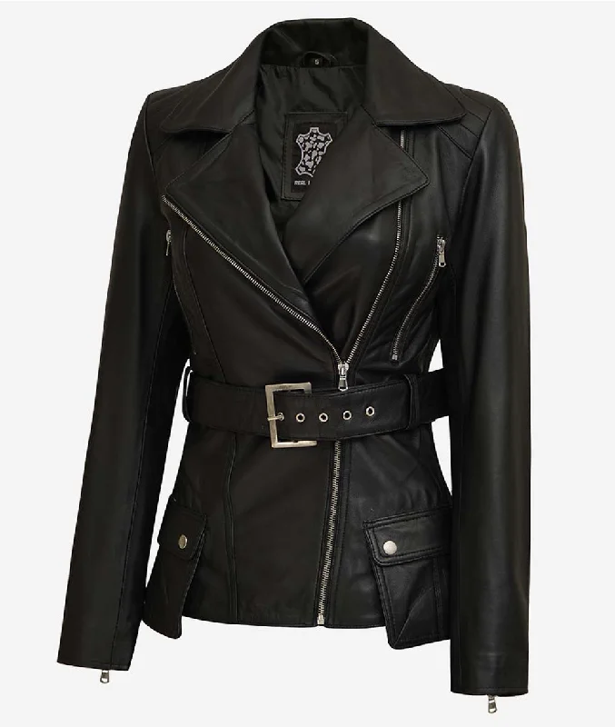 Asymmetrical Black Four Pocket Belted Moto Jacket Fitted Jacket Loose Jacket Oversized Jacket