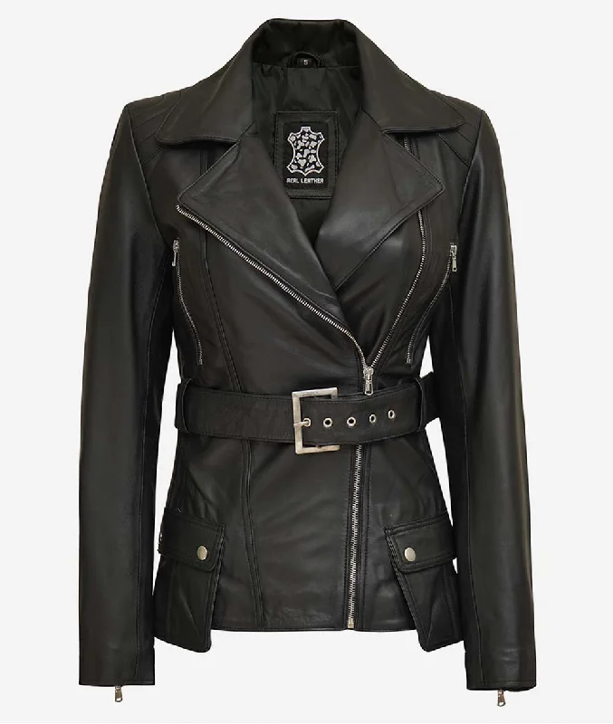 Asymmetrical Black Four Pocket Belted Moto Jacket Faux Fur Fabric Real Fur Fabric Shearling Fabric