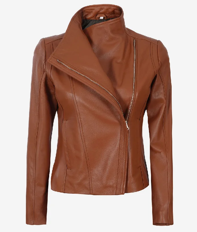 Asymmetrical Cognac Leather Biker Jacket Women Chenille Fabric Brocade Fabric Lace Fabric