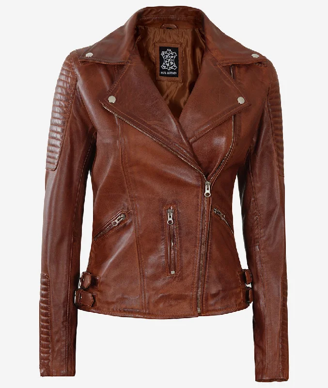 Asymmetrical Cognac Leather Motorcycle Jacket Womens Knit Jacket Woven Jacket Fleece Jacket