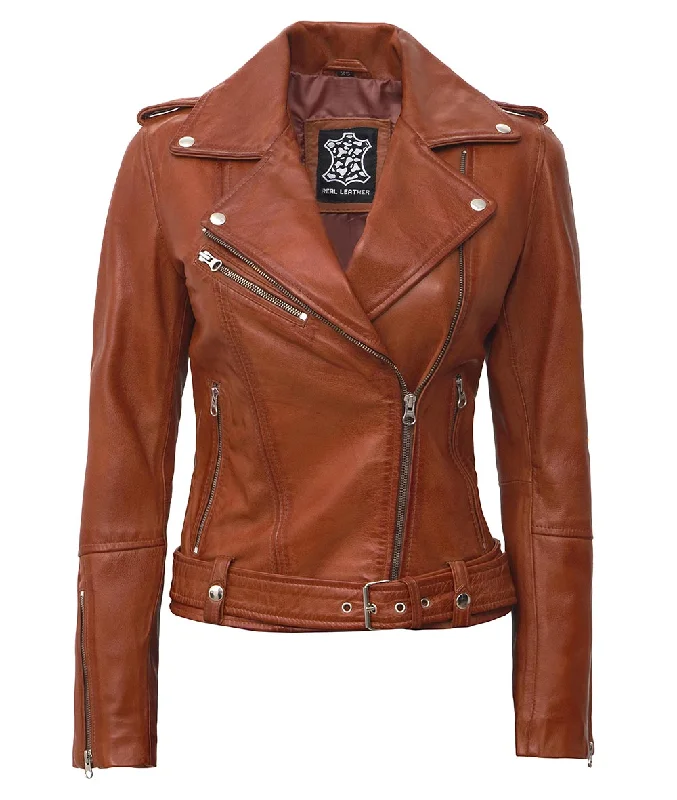 Asymmetrical Leather Biker Jacket Women  Brown Leather Striped Jacket Polka Dot Jacket Floral Jacket