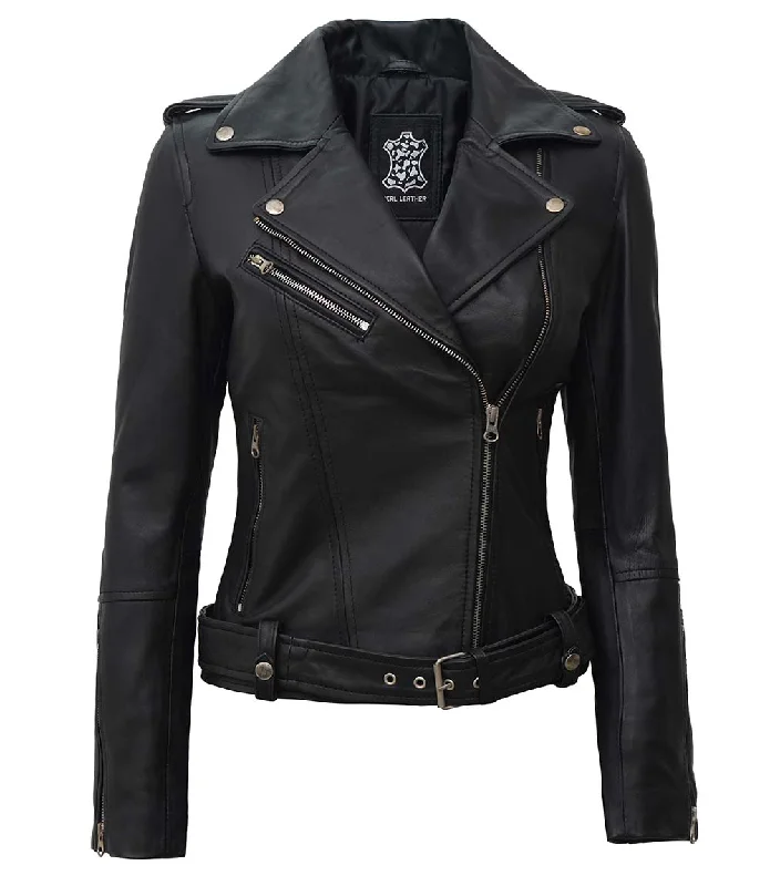Asymmetrical Leather Biker Jacket Womens  Black Leather Zip Front Button Front Snap Front