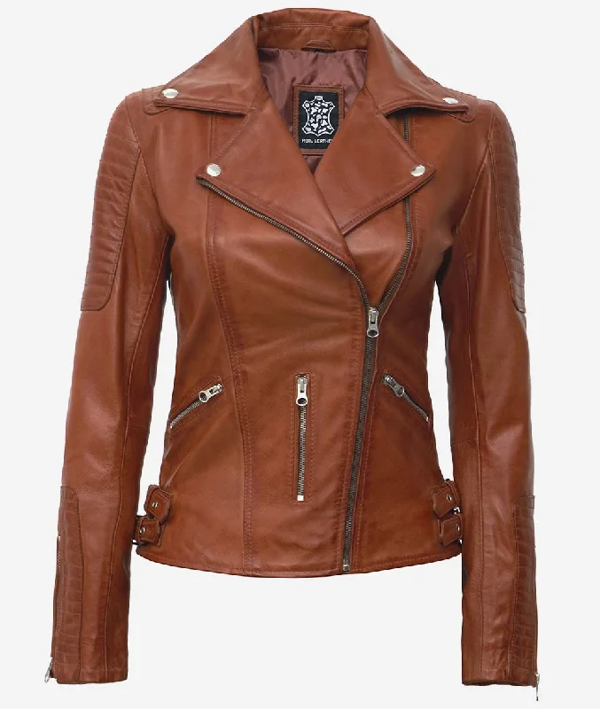 Asymmetrical Leather Biker Jacket  Womens Brown Jacket Fleece Jacket Down Jacket Parka