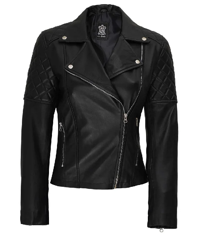 Asymmetrical Leather Jacket  Black Moto Jacket Front Pockets Side Pockets Patch Pockets