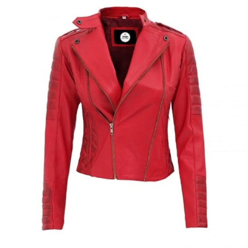 Asymmetrical Women Red Leather Jacket Fleece Jacket Down Jacket Feather Jacket