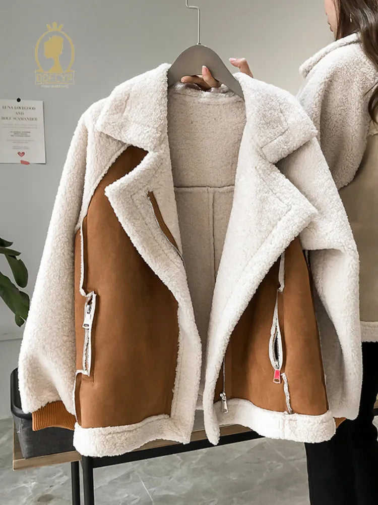 Getadme-Autumn Winter Women's Coats New Casual Loose Patchwork Outerwear Harem Korean Vintage Crop Pockets Lambhair Jacket Women Fleece Fabric Down Fabric Feather Fabric