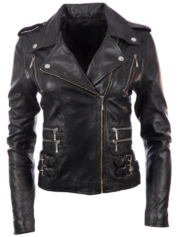 AGSM Women's Biker Jacket - Black Oversized Jacket Tailored Jacket Straight Jacket