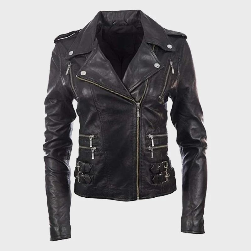Aviatrix Women's Real Leather Cross-Zip Multi-Zip Biker Jacket Print Jacket Jacquard Jacket Patchwork Jacket