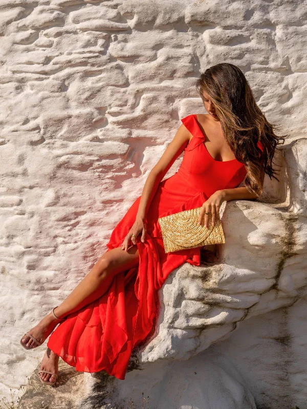 Bella Ruffle Detail Maxi Dress in Red Comfortable Ruffle Hem Maxi Dress