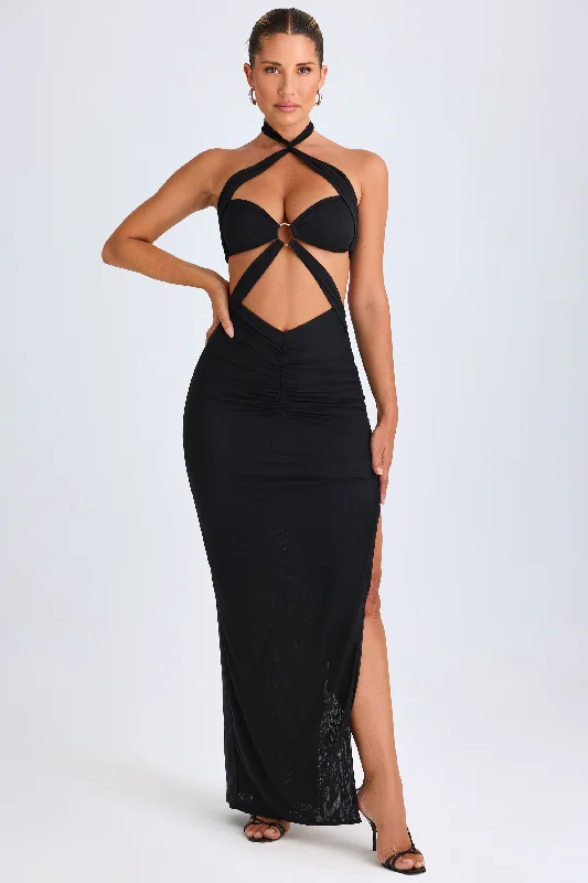 Hardware Detail Cut-Out Halterneck Maxi Dress in Black Elegant Floral Maxi Dress