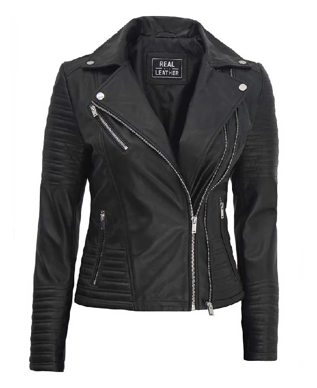 Black Asymmetrical Biker Leather Jacket Women Satin Jacket Silk Jacket Chiffon Jacket