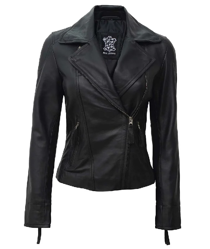 Black Asymmetrical Leather Biker Jacket Women Cotton Fabric Linen Fabric Terry Fabric