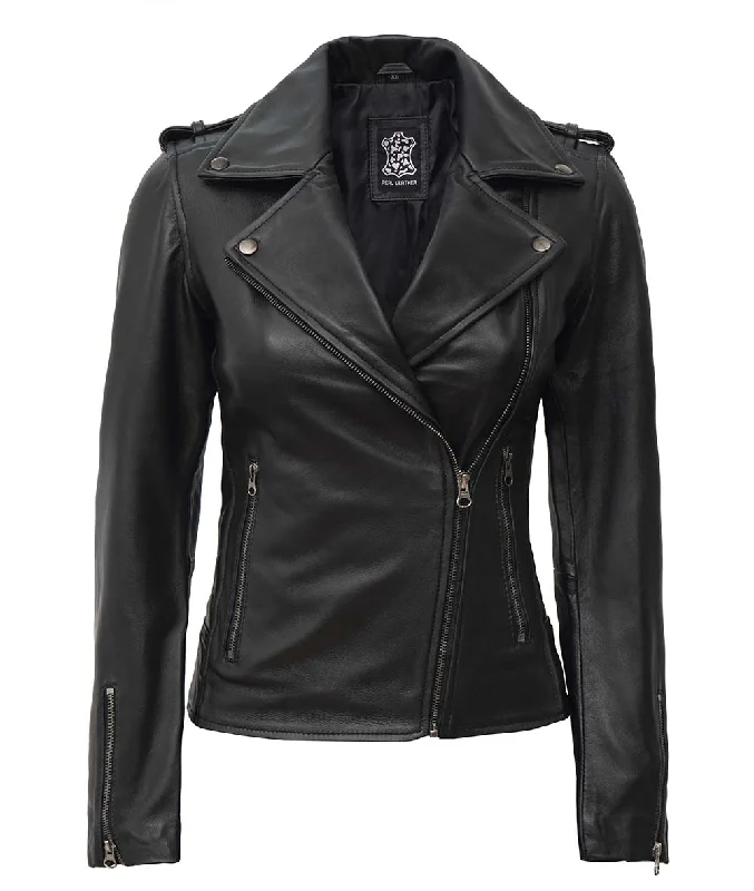 Black Asymmetrical Leather Motorcycle Jacket For Women Insulated Jacket Fitted Jacket Loose Jacket