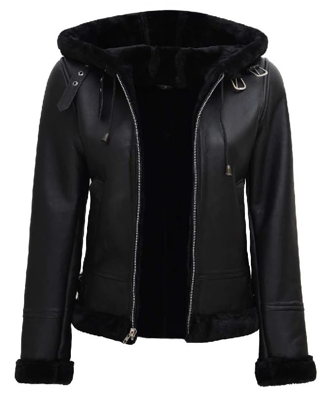 Black Aviator Jacket Womens  Hooded Shearling Leather Jacket Denim Fabric Leather Fabric Suede Fabric