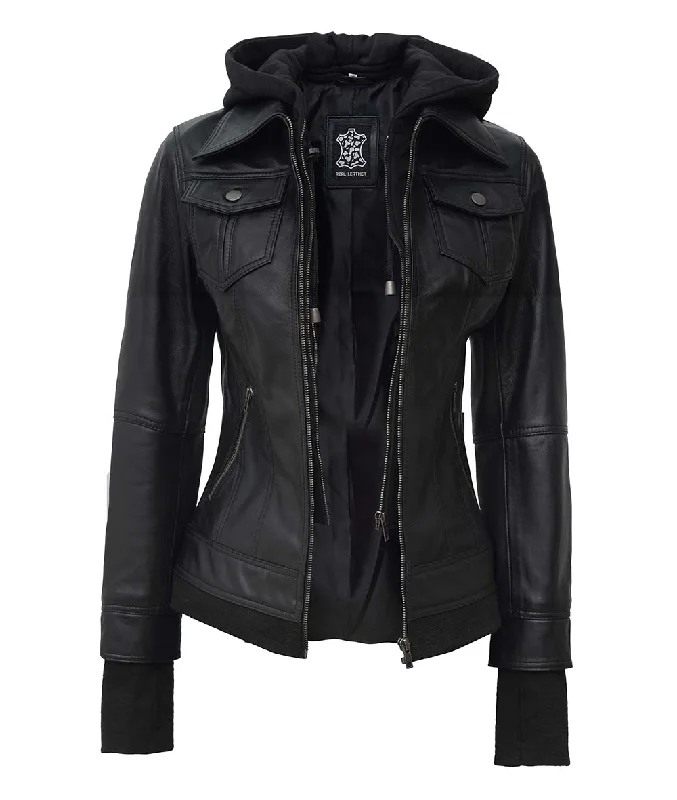 Black Bomber Jacket Womens  Hooded Leather Women Fitted Jacket Loose Jacket Oversized Jacket