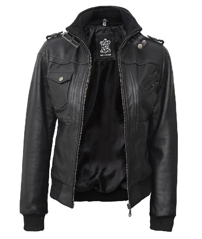 Black Bomber Leather Jacket  Womens Hooded Jacket Zippered Front Buttoned Front Snap Front