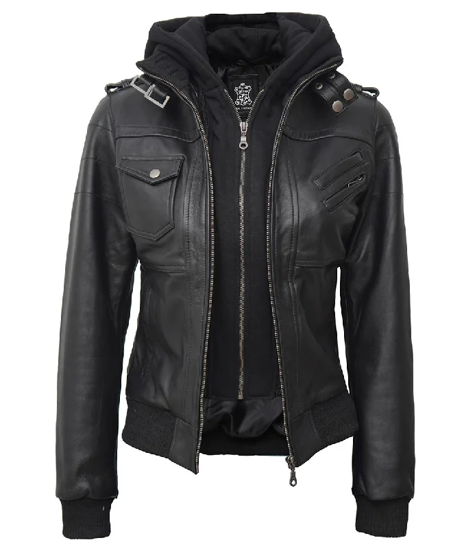 Black Bomber Leather Jacket  Womens Hooded Jacket Faux Fur Jacket Real Fur Jacket Shearling Jacket