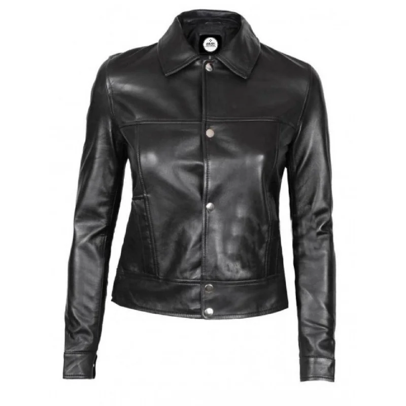 Black Button Up Casual Leather Jacket For Women Tiered Jacket Buttoned Jacket Zippered Jacket
