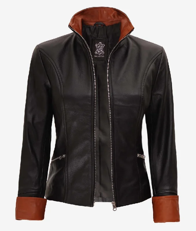 Black Fitted Leather Jacket Womens with Brown Detailing Faux Fur Fabric Real Fur Fabric Shearling Fabric