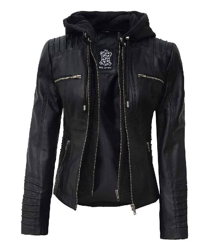 Black Leather Jacket With Hood  Womens Motorcycle Jacket Wool Jacket Cashmere Jacket Tweed Jacket
