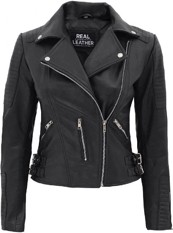 Black Leather Moto Jacket  Women's Asymmetrical Jacket Zippered Front Buttoned Front Snap Front