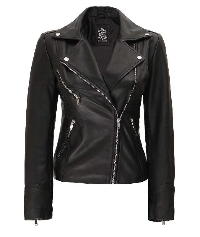 Black Leather Moto Jacket  Womens Asymmetrical Zip Jacket Fitted Jacket Loose Jacket Oversized Jacket