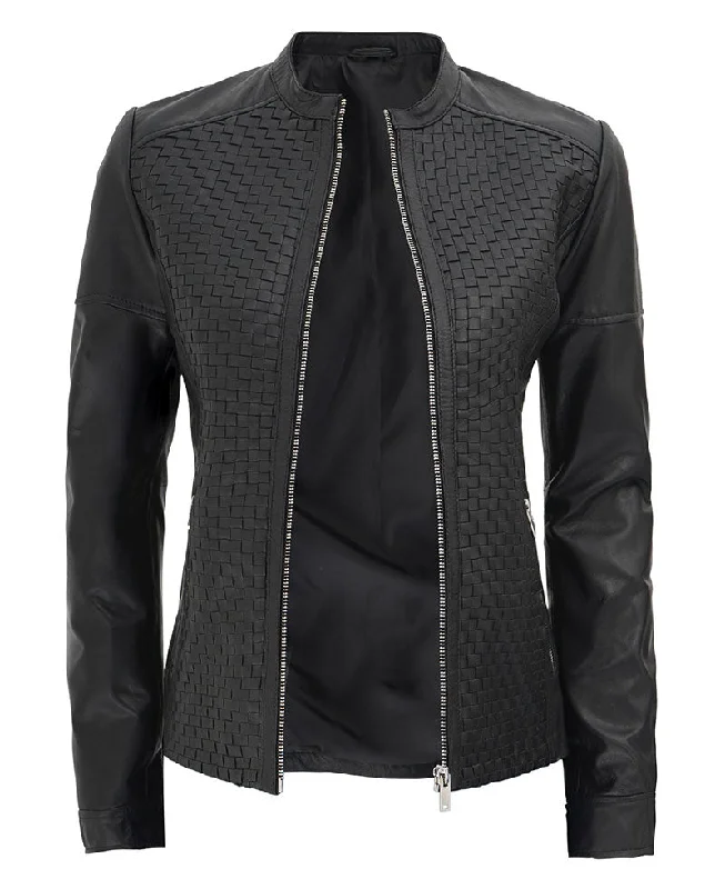 Black Textured Leather Jacket  Womens Slim Fit Jacket Faux Fur Jacket Real Fur Jacket Shearling Jacket