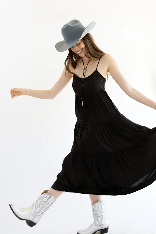 Black Tiered Skinny Strap Maxi Dress Casual Maxi Dress with Pockets