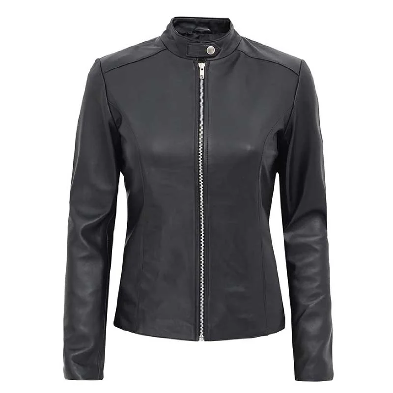 Black Women Leather Moto Jacket Tiered Jacket Buttoned Jacket Zippered Jacket