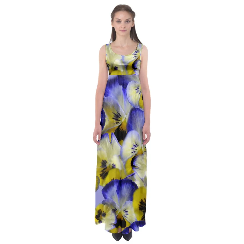 Blue and Yellow Pansies Empire Waist Maxi Dress Fashionable Button-Down Maxi Dress